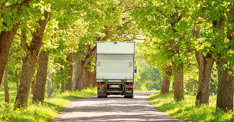 camion qui roule sur une route arborée